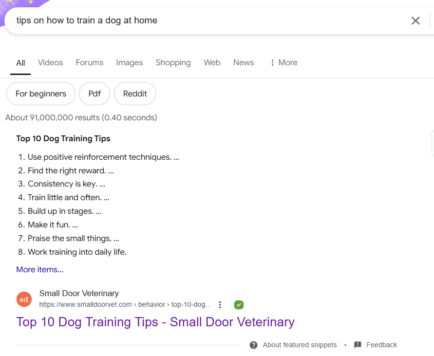 featured snippets on SERPs