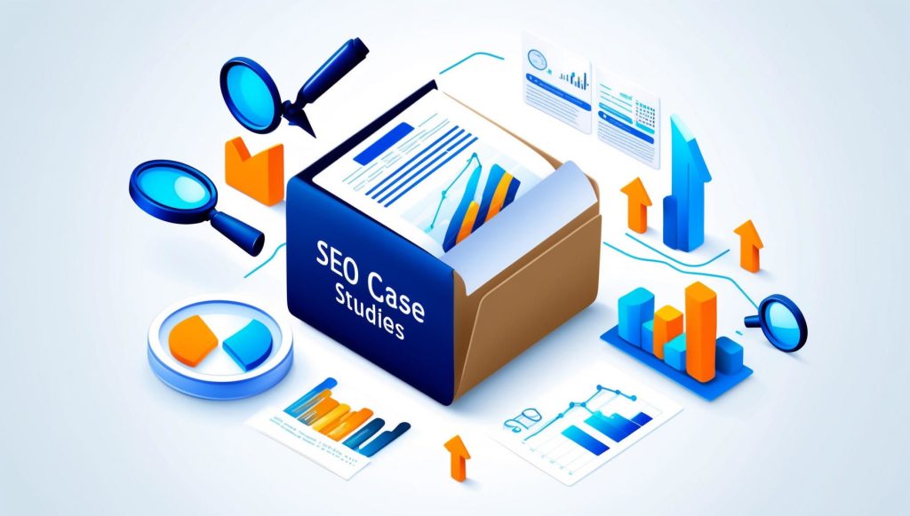 an image illustrating a box full of SEO case studies surrounded by charts and graphs.
