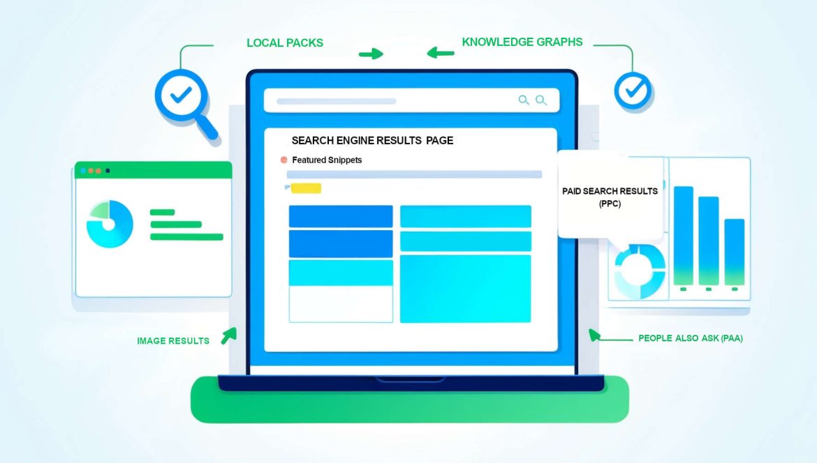 An image of a search engine results page with a variety of highlighted SERP features, such as a featured snippet, knowledge panel, image carousel, and 'People Also Ask' boxes