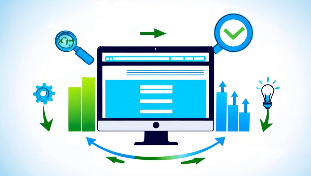 an image featuring a website surrounded by symbols representing website traffic growth and optimization, such as upward arrows, magnifying glasses, and bar charts