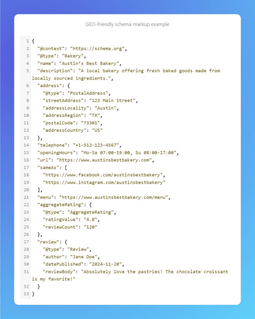 A simple Generative Engine Optimization (GEO) friendly schema markup example for a local business