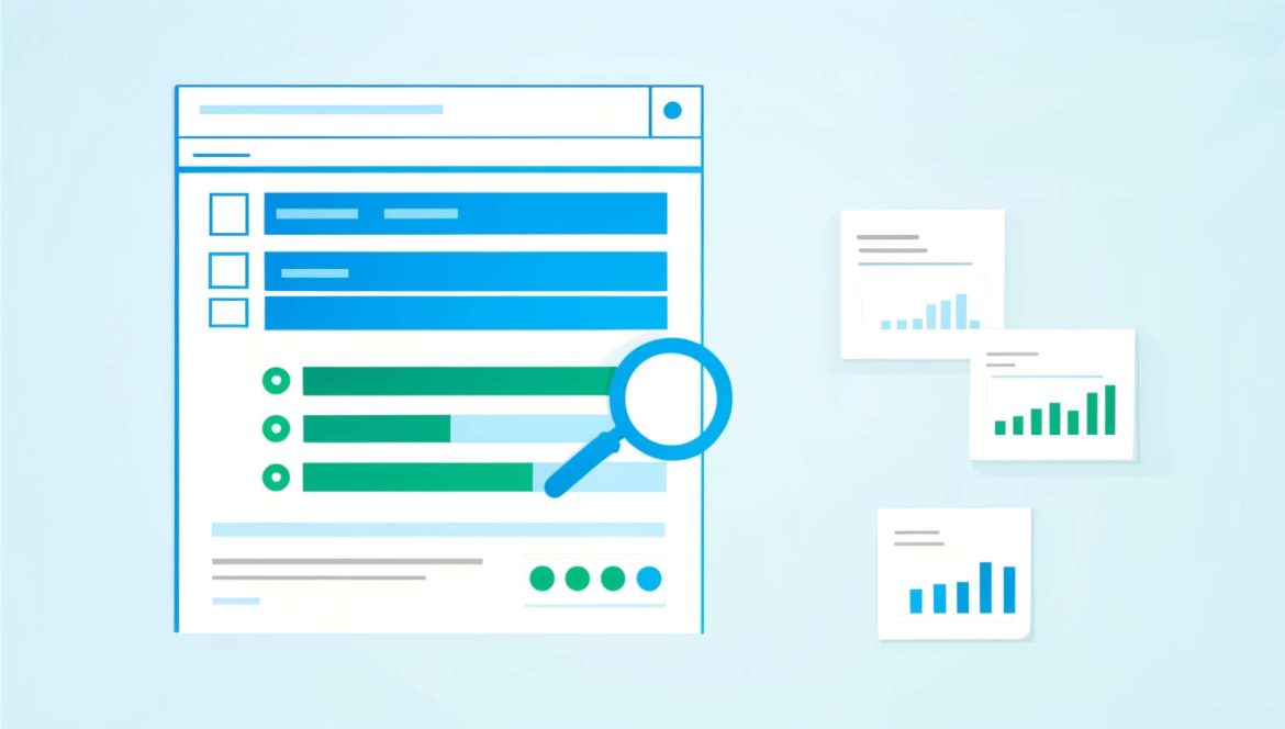 An image of a search engine results page (SERP) with multiple organic results listed and surrounded by analytical elements such as bar graphs representing SERP competitors analysis.