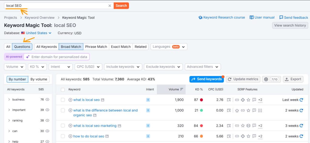 screenshot of SEMrush Keyword Magic tool with an example of researching local SEO-related queries with question words.