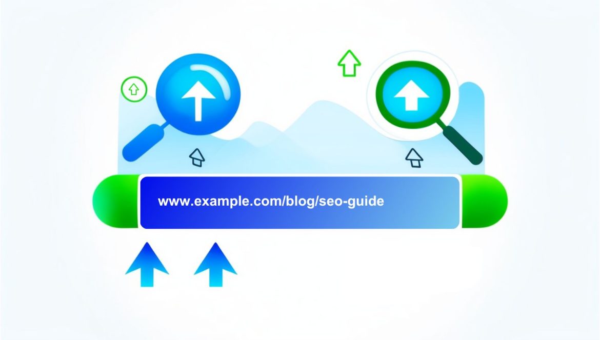 a URL bar showing a short, structured URL (e.g., 'www.example.com/produca URL bar showing a short, structured URL, surrounded with icons like a magnifying glass and upward arrows to symbolize optimization and improved performance