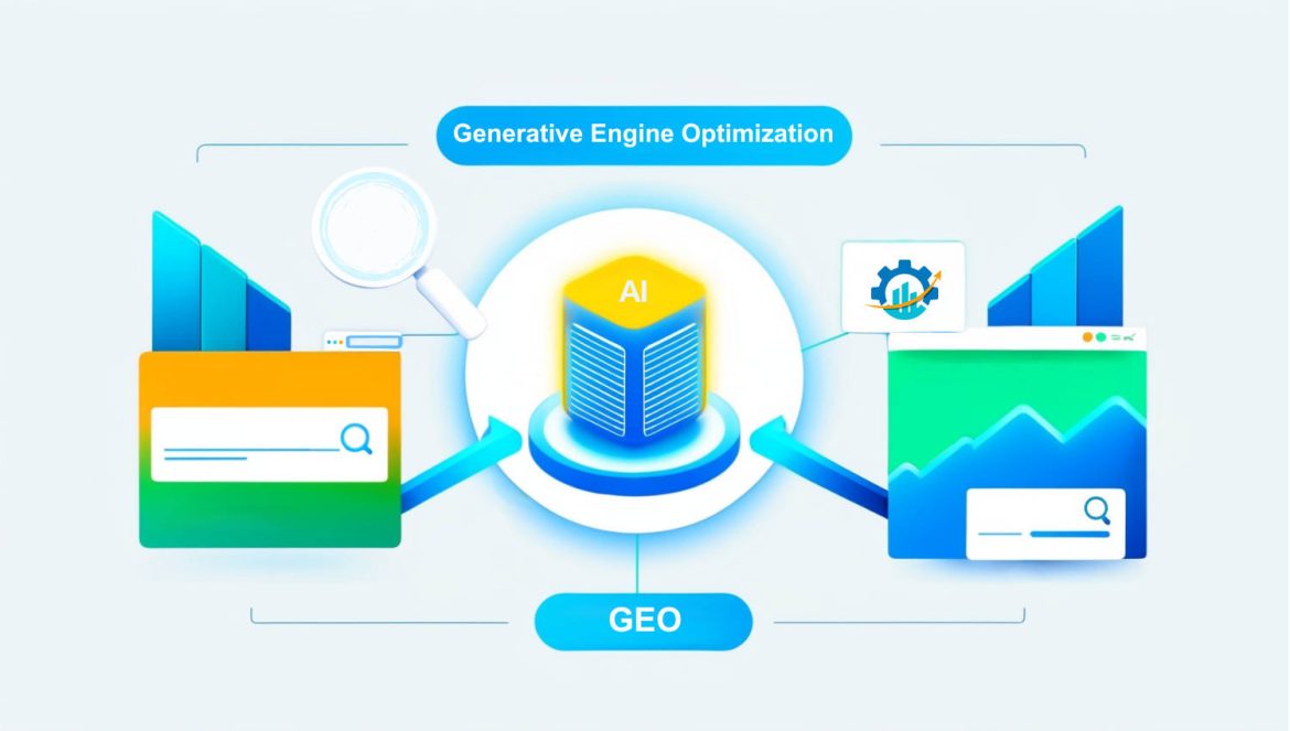 An image that visually represents Generative Engine Optimization (GEO) by showing a central glowing AI engine surrounded by elements like structured data, optimized content, and user intent.