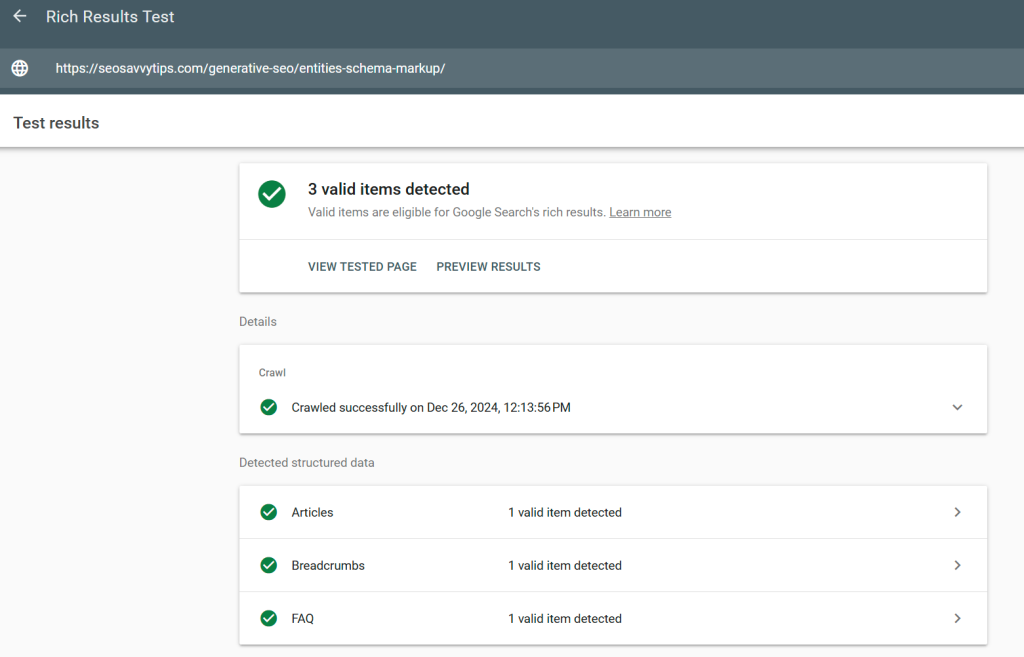 a live url tested for rich results with google's tool