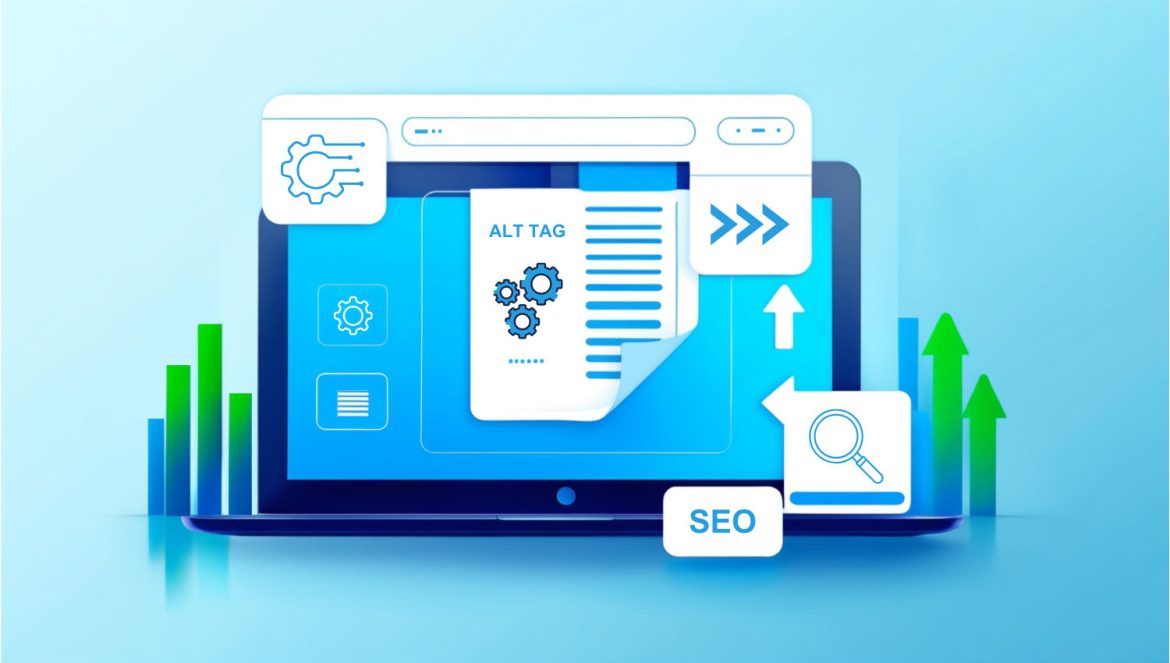 a laptop screen illustrating elements of SEO image optimization such as alt tags, file size, and loading speed.