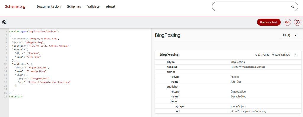 validating blogposting schema markup with the schema validator